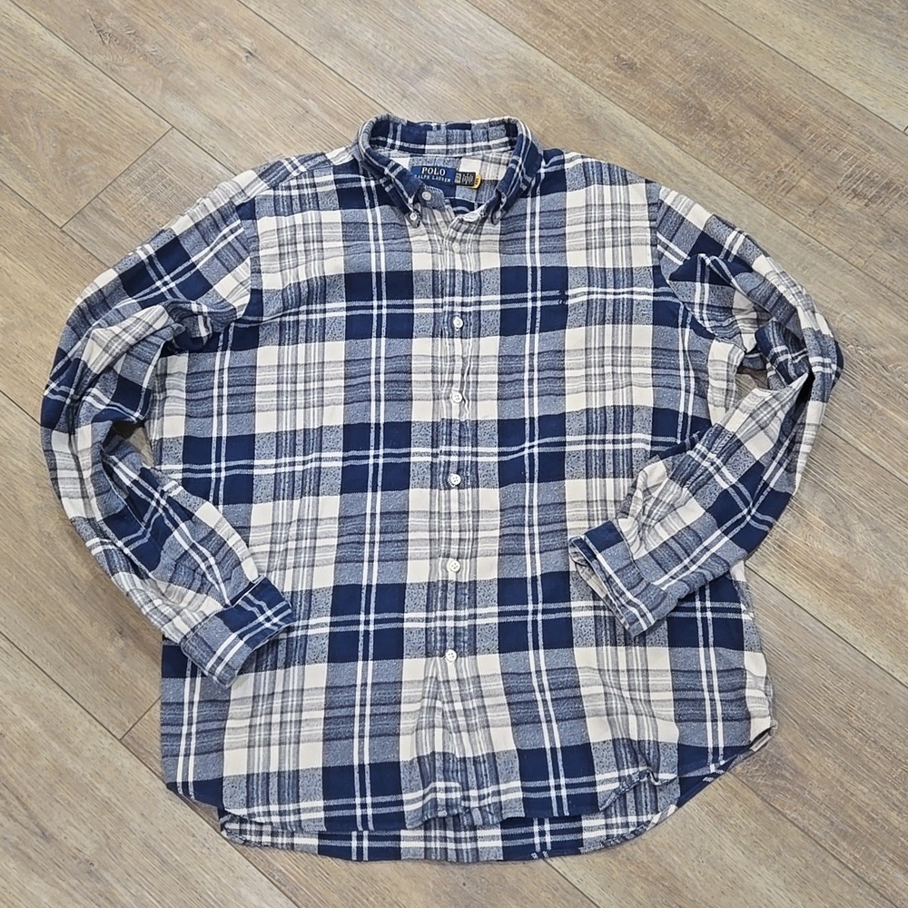 Ralph Lauren Classic Fit Brushed Cotton Navy and Cream Plaid Flannel Shirt - Picture 3 of 9